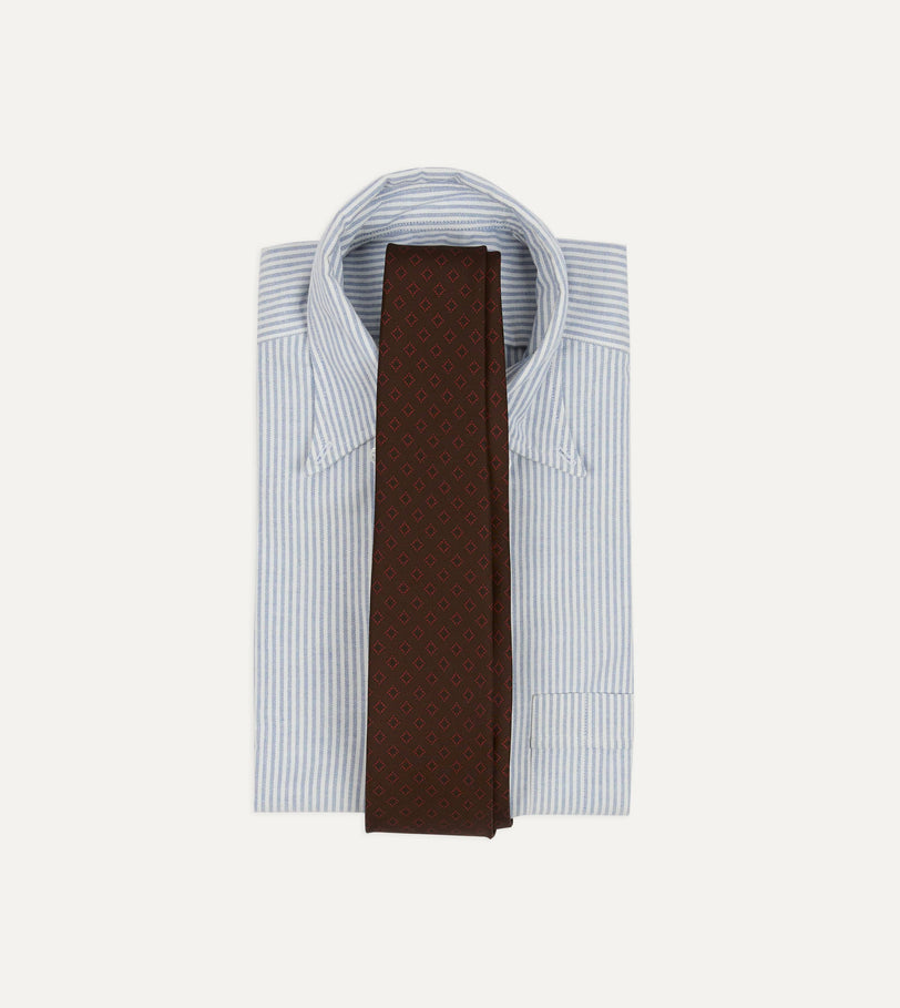 Brown Flower Tile Print Silk Self Tipped Tie