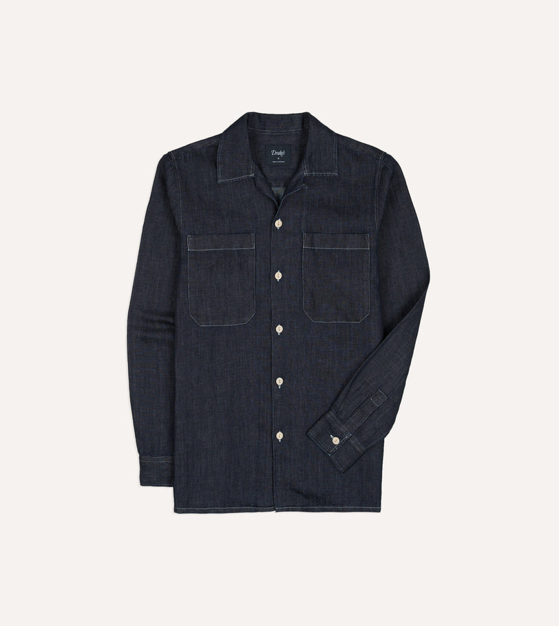Navy Cotton-Hemp Denim Camp Collar Work Shirt