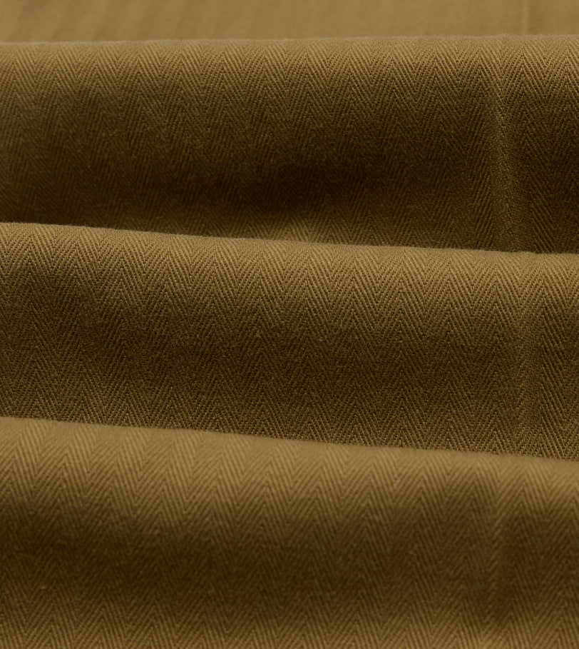 Khaki Herringbone Cotton Wide Leg Flat Front Chino